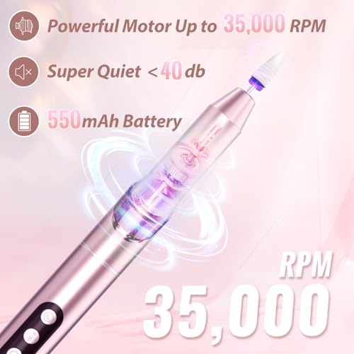 Cordless Electric Nail Drill File: 35000RPM Professional Nail Drill Machine with UV LED Nail Lamp Charging Base, Manicure Pedicure Kit E File for Acrylic Gel Dip Powder Polish Pink