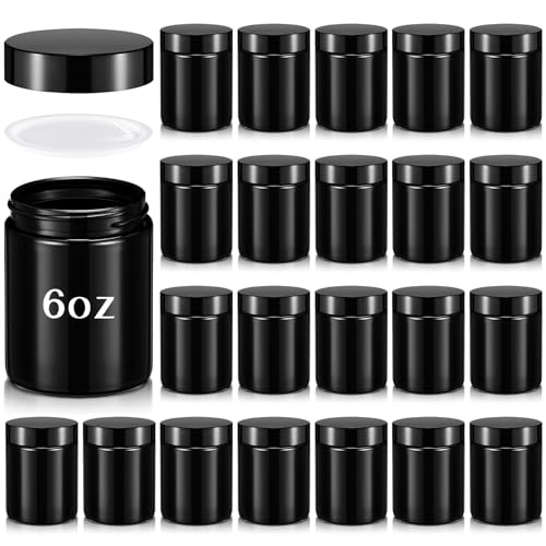 Domensi 24 Pcs 6oz Glass Jars with Lids Leakproof Round Airtight Empty Cosmetic Jars with Inner Liners Lid for Storing Lotions Spices Ointments Candle Making Food Storage (Black)