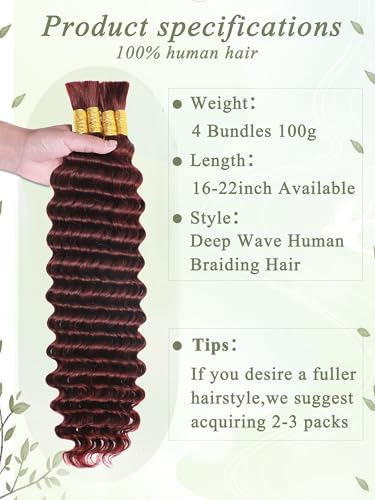 99J Burgundy Human Braiding Hair for Boho Deep Wave Braids - 18 Inch, 2 Packs