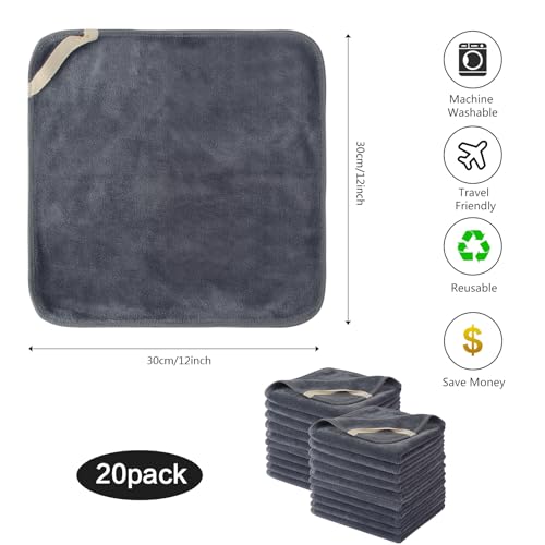 20-Pack Microfiber Facial Cloths 12x12 Inches Fast Drying Reusable Washcloths - Grey
