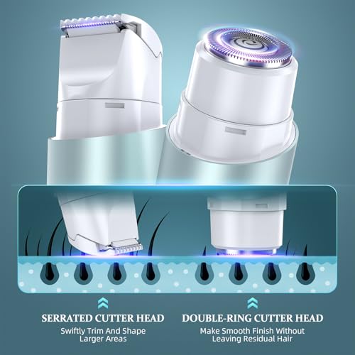 Bikini Trimmer for Women, Dual Head Face Shaver Body Hair Trimmmer, IPX7 Waterproof Womens Electric Razor for Legs, Lake Green