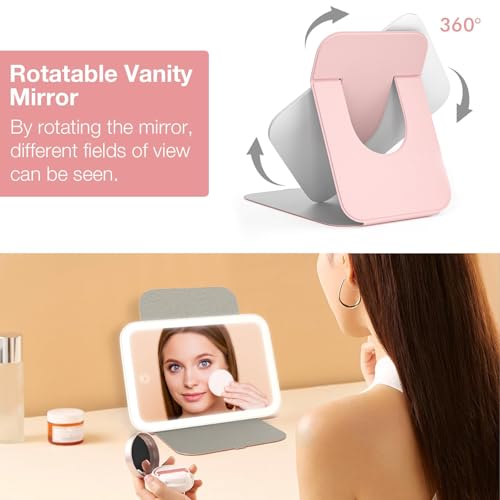 Pink Portable LED Lighted Makeup Mirror with 360° Rotation & Dimmable Touch Screen