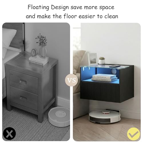 Floating Nightstand Set of 2 with Charging Station and Drawer - Black