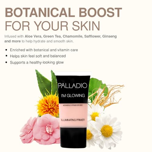 Palladio I'm Glowing Illuminating Primer, Pearly Pink Makeup Primer for Face, Contains Aloe Vera, Grape Seed Oil, Green Tea, Brightens Complexion, Combats Wrinkles, Fine Lines & Pores, 0.67 oz