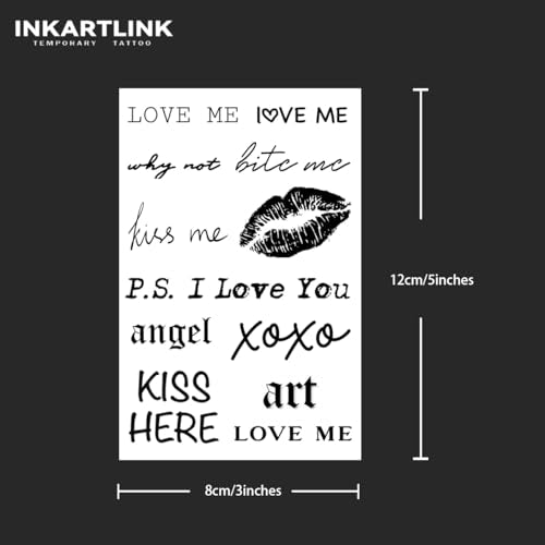 INKARTLINK Temporary Tattoos, 2 Sheets Medium Semi Permanent Tattoo, Adult Art Design Temporary Tattoos, Lasts 1-2 Weeks, Waterproof, Realistic Look, No Adhesive, No Reflection (Love me)