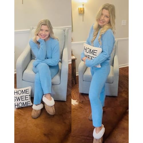 luvamia Women's Casual Pajama Set Fuzzy Fleece Knitted Long Sleeve Pj Loungewear