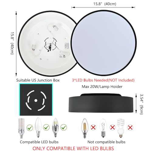 3-Light Modern Black Flush Mount Ceiling Light - 15.8 Inch, Dimmable, E12 LED Bulb Ready