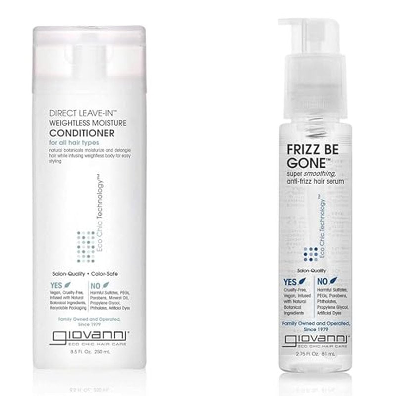 GIOVANNI Direct Leave-In Conditioner & Frizz Be Gone Serum - Super Smoothing Set for Curly Girls, Anti Frizz, Adds Shine, Seals in Color, Infused with Natural Botanical Ingredients - 8.5 oz & 2.75 oz