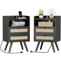 Nightstand with Built-In Charger Station, Boho Rattan Set of 2 - Black, 15.8"W x 11.8"D x 25.2"H