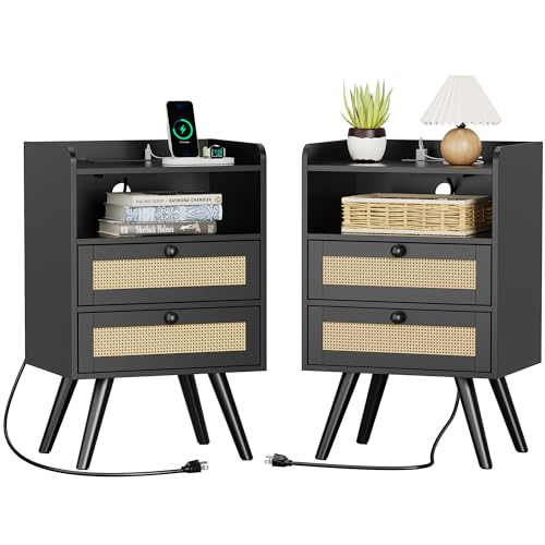 Nightstand with Built-In Charger Station, Boho Rattan Set of 2 - Black, 15.8"W x 11.8"D x 25.2"H