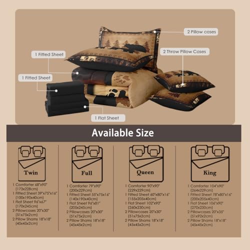 Queen Size Bear Comforter Set - Rustic Lodge Animal Bed in a Bag, 7 Pieces, Brown & Black