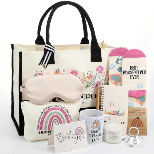 Leinuosen 12 Pcs Housekeeping Gift Set for Women Trapezoid Grocery Canvas Tote Bag with Handle Makeup Bag Mug Scented Candle Novelty Socks for Housekeeper Employees Staff Cleaning Lady Gifts