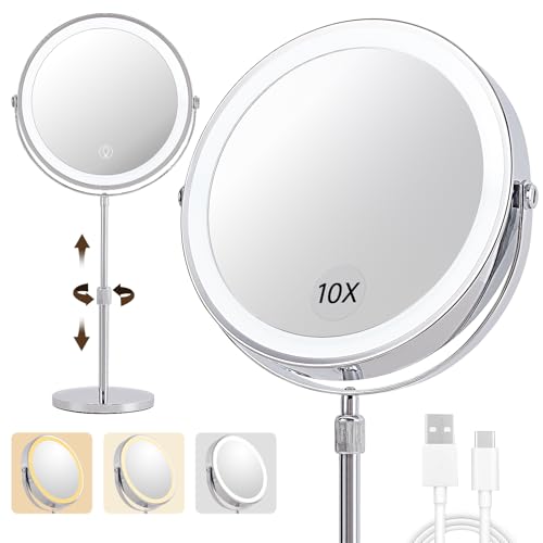 9 Inch Double Sided Makeup Mirror with Lights - 1X/10X Magnification, Rechargeable, 360° Rotation, Adjustable Height - Variation: 9" & 1x/10x