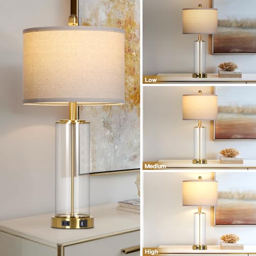 Luxeflow 26-Inch Gold Glass Table Lamps Set of 2 with USB-C, Outlets & Dimmable Touch Control - Modern Bedroom & Living Room Decor
