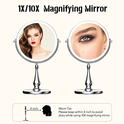 9" Large Lighted Makeup Mirror, 1X/10X Magnifying Vanity Mirror with 3 Colors Dimmable Lightning, 80 LED Lights, 360¡ÆRotation Double Sided Standing Desk Mirror