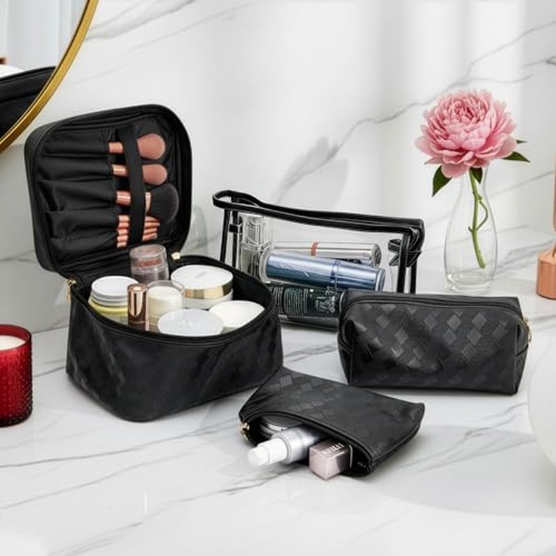 Hedume Set of 4 Makeup Bags, Black Leather Portable Travel Cosmetic Bag, Waterproof Cosmetic Bag Set, Multifunction Organizer Storage Bag for Makeup, Toiletries, Brushes and Accessories