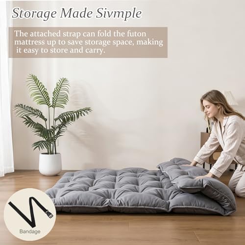 Japanese Futon Mattress - 3 Inch Shredded Memory Foam Full Grey Portable Floor Bed