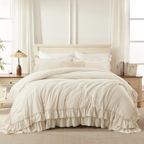 Beige Super King Plus Ruffle Comforter Set - 3 Pieces, 128"x120" | Elegant Bedding