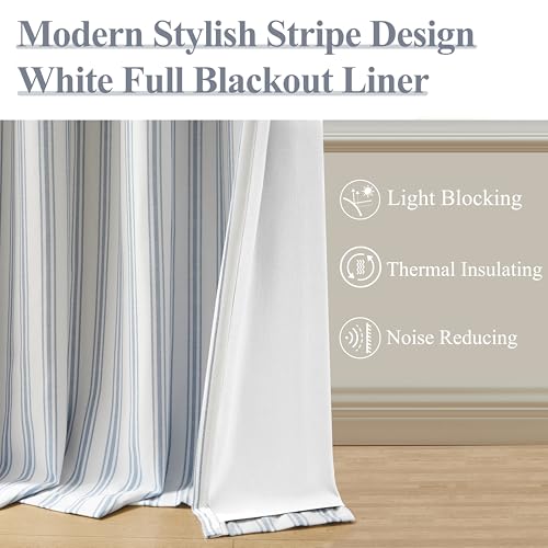 Blue Striped Full Blackout Curtain Panels 55 x 90 Inches Pack of 2 - Light Filtering Bedroom Drapes