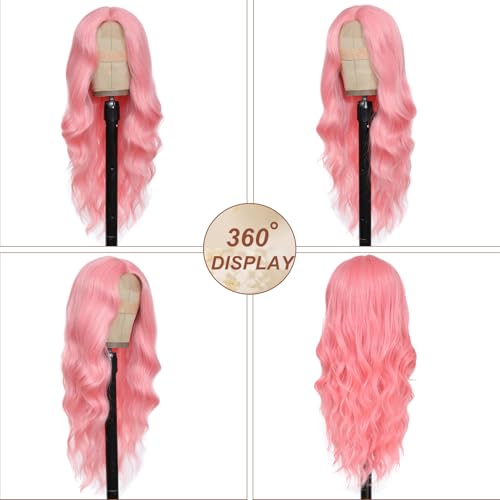 Pink Wavy Wig for Women, 26 Inch Light Pink Synthetic Hair, Natural Look & Heat Resistant - Variation: Pink