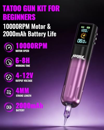 Wireless Tattoo Gun Kit with 47 Pieces - Purple, Model Neebol L - Beginner Friendly