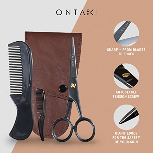 ONTAKI 3 Scissors pack - 1 German Beard & Mustache Scissors With Comb - 2 Facial Grooming Nose Hair Scissors - (1 Curved Blade Tip & 1 Safety Blunt Rounded Tip)