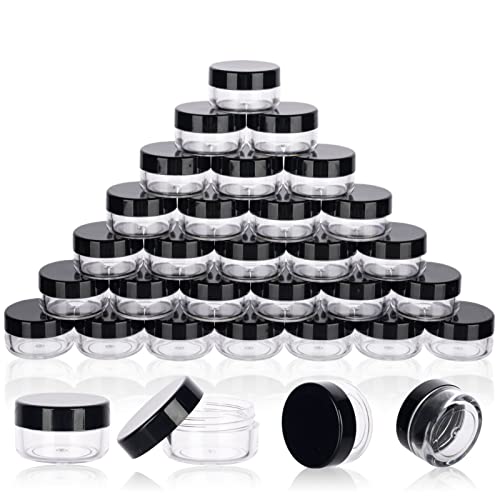 5 Gram Sample Containers With Lids, 200 Count 5ML Jars, Empty Cosmetic Jars for Glitter, Lotion, Cream, Beads - With Labels, Mini Spatulas