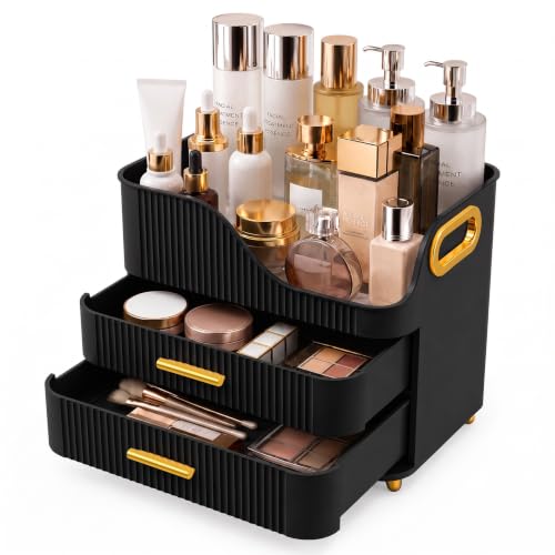 Booklov Large Makeup Organizer with 2 Drawers, Tall Bottle Storage - Black M01