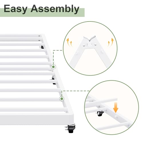 Lutown-Teen White Twin Trundle Bed Frame with Lockable Wheels