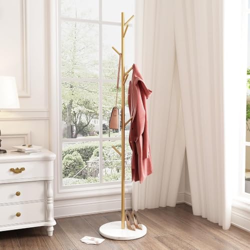 Gold Coat Rack with 8 Hooks - Branch Design, Freestanding Entryway Organizer, Gold-White Variation