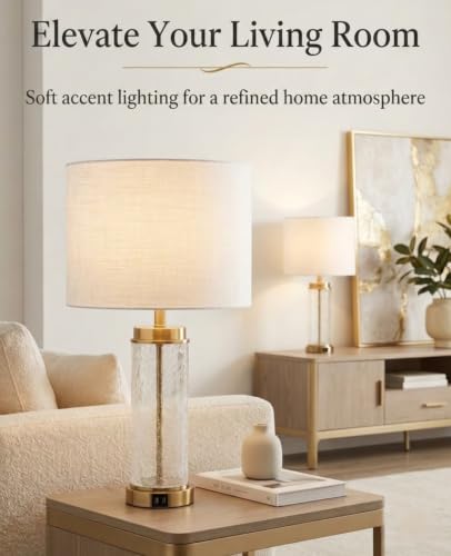 Set of 2 Modern Bedside Table Lamps with USB Charging Ports - 24.4 Inch Nightstand Lamps for Bedroom & Living Room