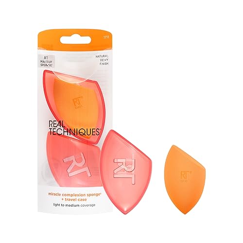Real Techniques Miracle Complexion Sponge + Travel Case, Makeup Blending Sponge, For Foundation, Sponge Case for Travel, Light To Medium Coverage, Natural, Dewy Makeup, Latex-Free Foam, 2 Piece Set