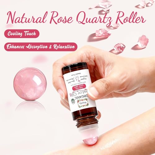 Castor Oil with Rose Quartz Roll-On 4 Pack for Face Body Hands Feet - Organic Moisturizer & Relaxation Set (1.06 Fl Oz Each)