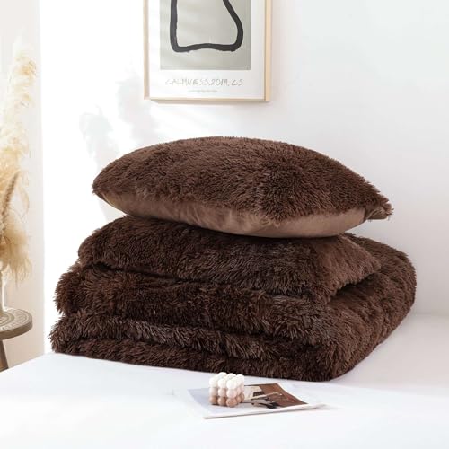Coffee Brown Smoofy Fluffy King Size Faux Fur Comforter Set 3 Pieces