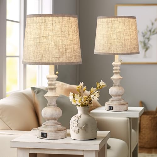 22-Inch White Farmhouse Table Lamps Set of 2 with USB Charging Ports - Nightstand Side Lamps for Bedroom & Living Room