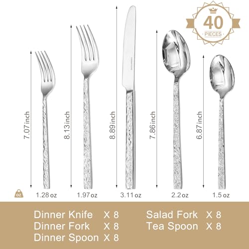 Kingstone Silver 40-Piece Hammered Flatware Set for 8, 18/10 Stainless Steel