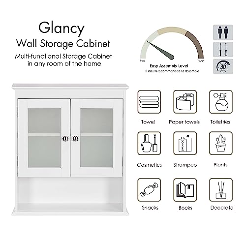Spirich White Bathroom Wall Cabinet with Frosted Glass Doors, Space-Saving Medicine Storage