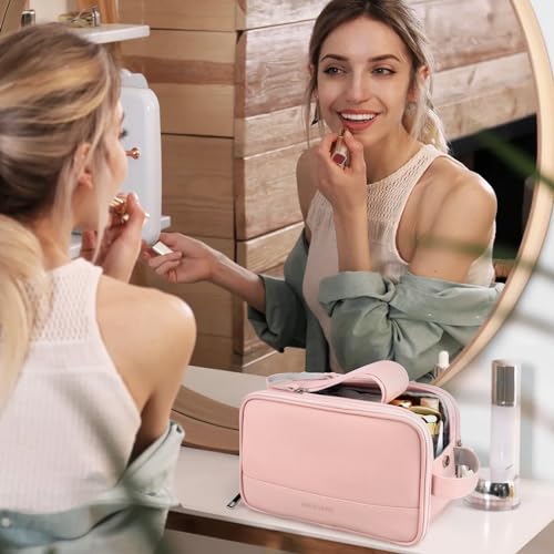 Rhea Rose Toiletry Bag for Women, Makeup Travel Bag Organizer, Large Bathroom Cosmetic bag, Traveling Dopp Kit Accessories Shower Bag, Pink