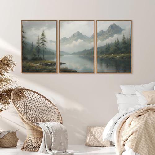 SIGNINART Large Green Forest Framed Canvas Wall Art Set, 3 Panels, 16x24 inches, Misty Mountain Lake Nature Decor for Living Room & Bedroom