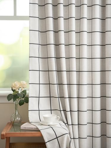 Black Pinch Pleated Curtains - Buffalo Plaid Linen Drapes, Thermal Insulated, 40W x 84L, 2 Panels Set