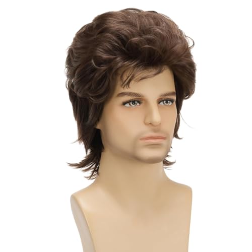 Men's 80s Short Brown Mullet Wig - Disco Rocker Punk Cosplay Halloween - Variation: Short Brown