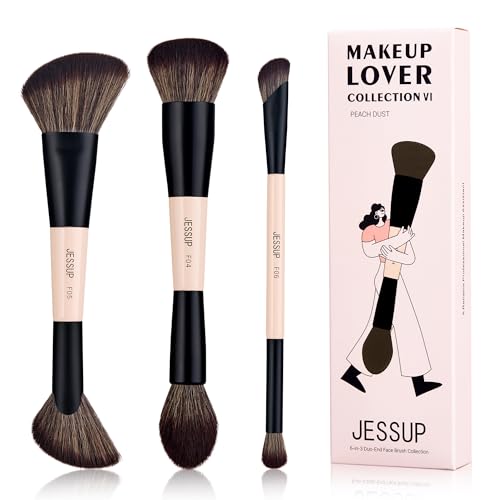 Jessup C-Peach Dust 3pcs Face Makeup Brush Set Double Ended for Foundation Contour Blush