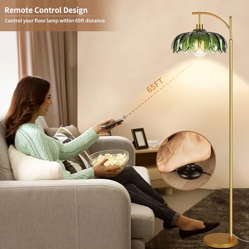 Green Glass Floor Lamp with Remote Control & Dimmable Features - Vintage Brass Standing Lamp, 65-70 Inches, Mid-Century Modern Design