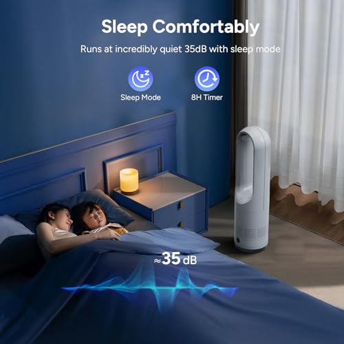 22-Inch Bladeless Tower Fan with Remote, 8 Speeds, Oscillation & Timer - White