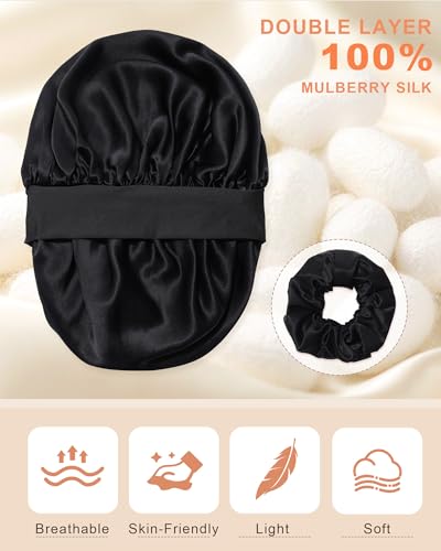 AWAYTR 2-Pack Black Mulberry Silk Sleep Bonnet for Curly Hair Women Reversible Sleep Cap