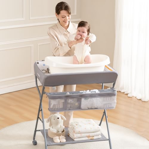 Maydolly Baby Changing Table with Wheels - Light Grey Portable Adjustable Diaper Station & Storage Rack