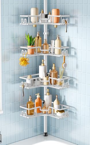 HAMITOR Corner Shower Organizer 4-Tier Tension Pole Caddy, White - Wire Baskets