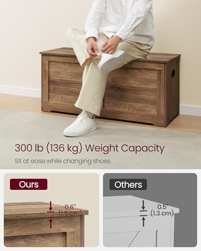 VASAGLE Storage Chest Bench - 39.4 Inch Wide Lidded Storage Ottoman with 2 Safety Hinges, Honey Brown