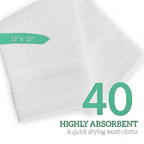 White Cotton Washcloths 12x12 Inches - 40 Pack Soft Absorbent Face & Body Towels, Bulk Bathroom Cloths