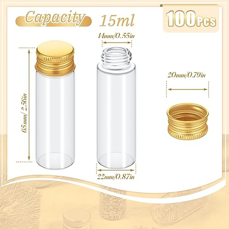 100 Pcs Small Clear Vials Spice Mini Jars with Lids Mini Glass Bottles with Screw Aluminum Metal Caps Tiny Jars Sample Containers for Powder Cream Cosmetic Jewelry Wedding (15 ml,Gold Caps)